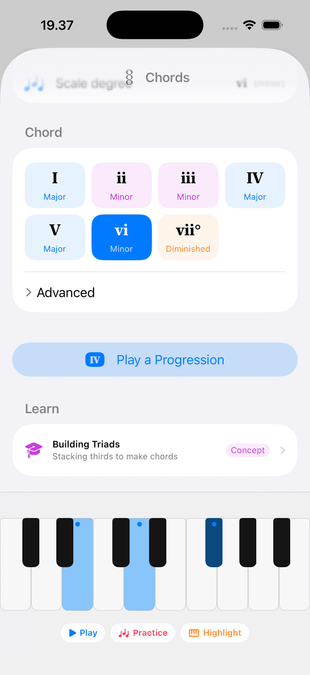 iPhone in Play mode showing the diatonic chord strip with one chord highlighted — the auto-advance arrows visible, key selected (e.g. D major), keyboard lit with the current chord.
