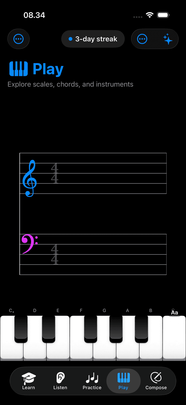 iPhone Play mode in dark mode — keyboard, staff, and note overlay on the dark surface.
