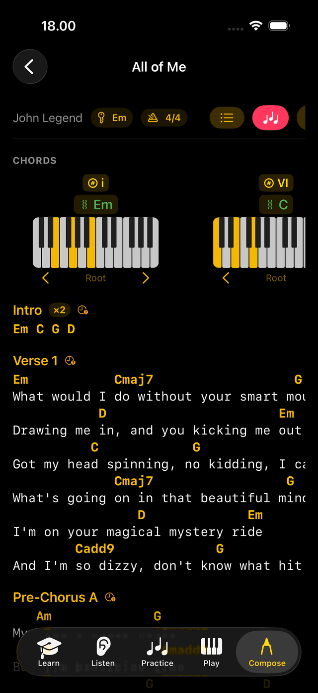 iPhone showing a Composition being imported into Songbook — chord chart or composition view with import/convert action visible.