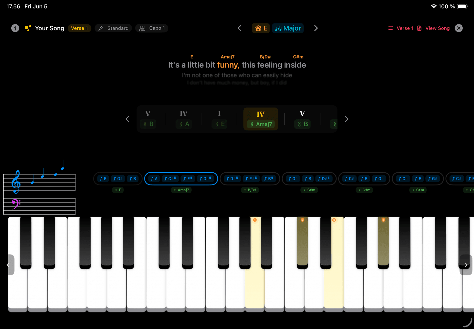 iPad or large iPhone screenshot showing Song Mode with a real chord chart — Verse/Chorus/Bridge sections visible as labelled rows, one chord highlighted as 'active now'. Should feel like you're mid-session. Landscape or portrait both work — wider is better here.