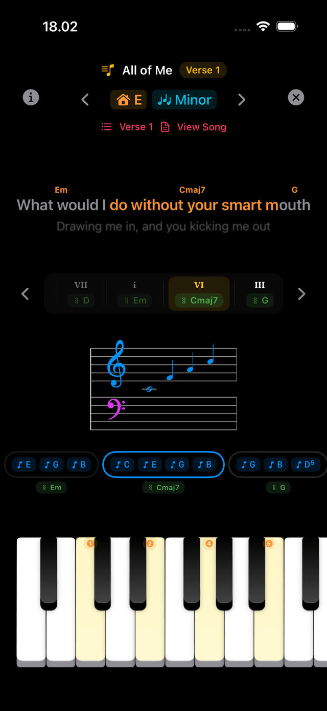 iPhone showing the karaoke lyric view during Song Mode practice — active lyric line center-screen, one context line faded above and below. Chord chips floating above the current line. The active word in the lyric is highlighted.