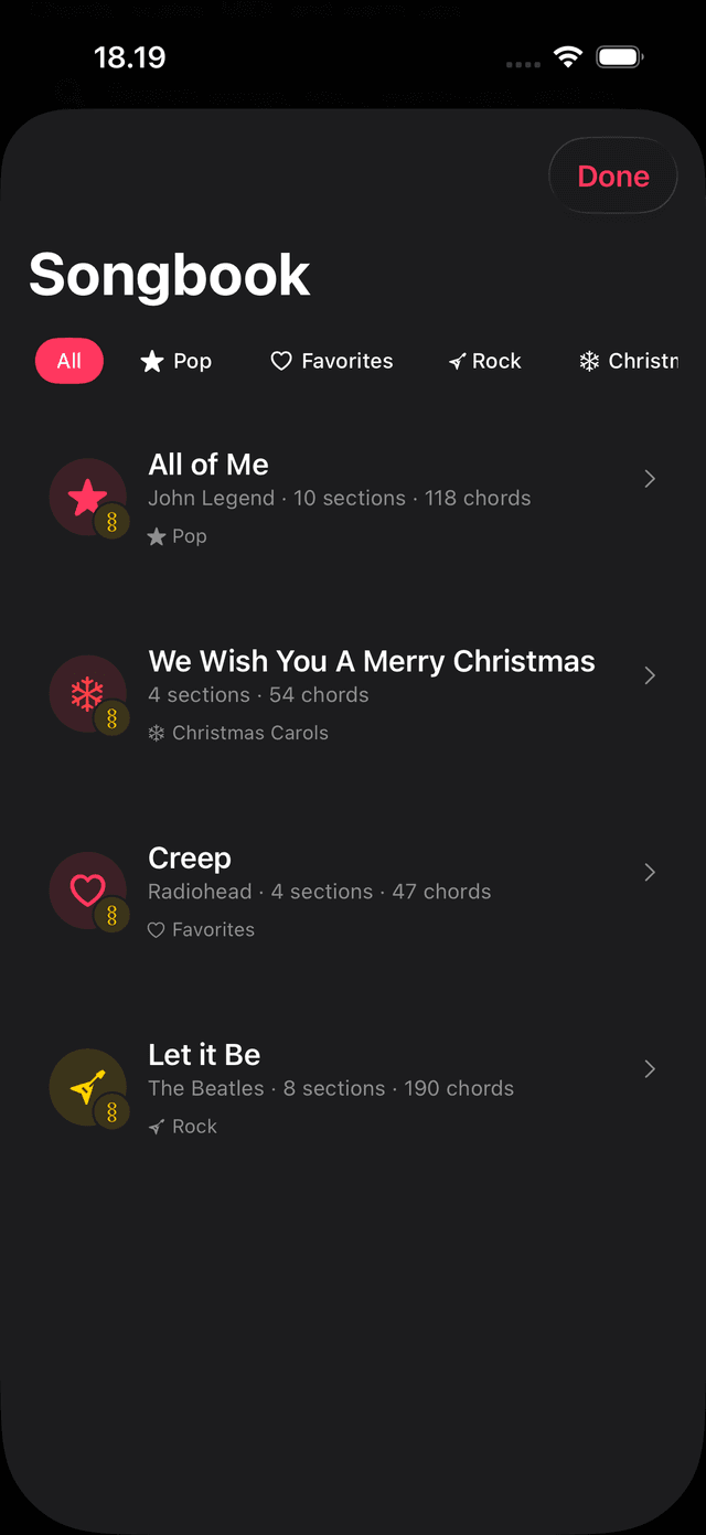 iPhone showing the new Songbook — a list of saved chord charts with song titles, maybe a subtitle showing key or number of sections. Should look like a library/list view, clearly inside the Compose tab. Not the old Play song library.