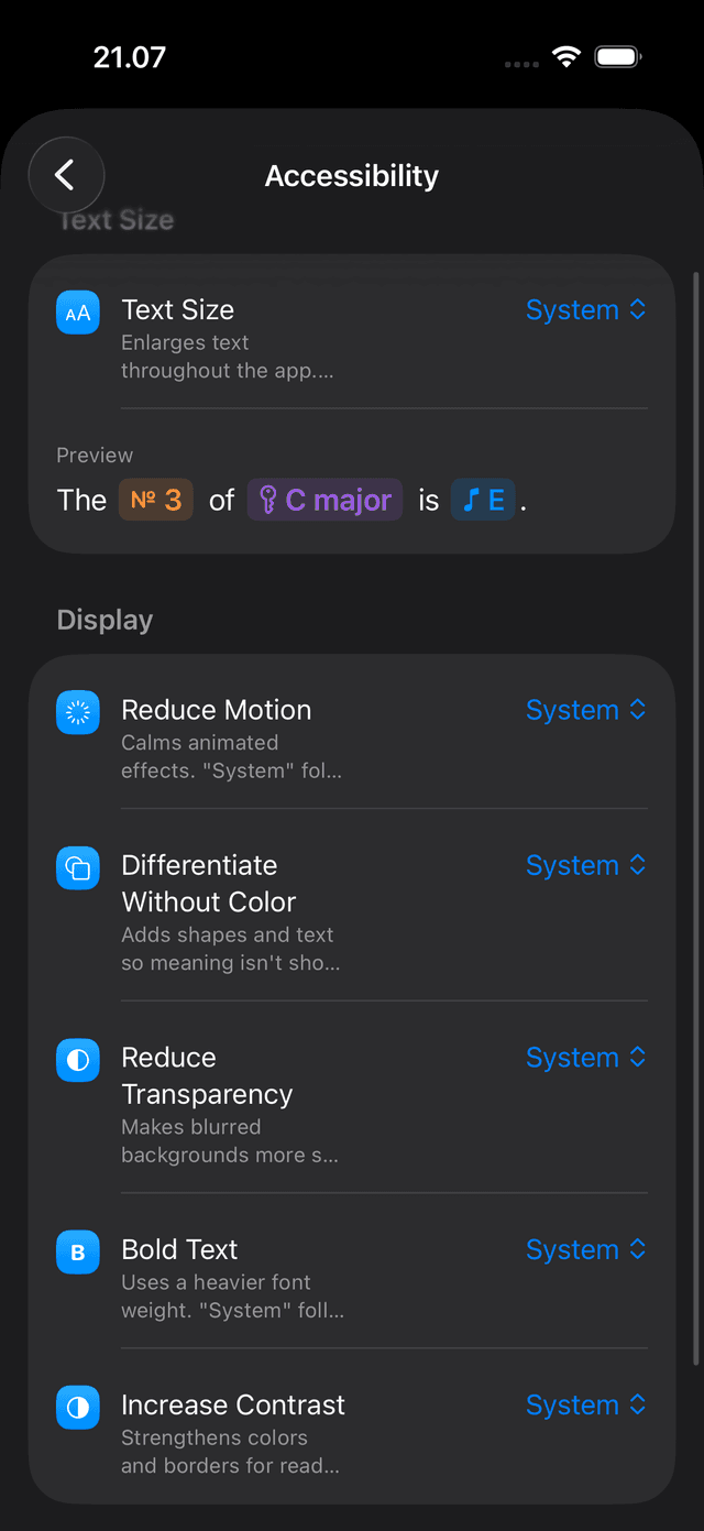 Settings → Accessibility panel showing the System / On / Off pickers for Reduce Motion, Differentiate Without Color, Reduce Transparency, Bold Text, and Increase Contrast.