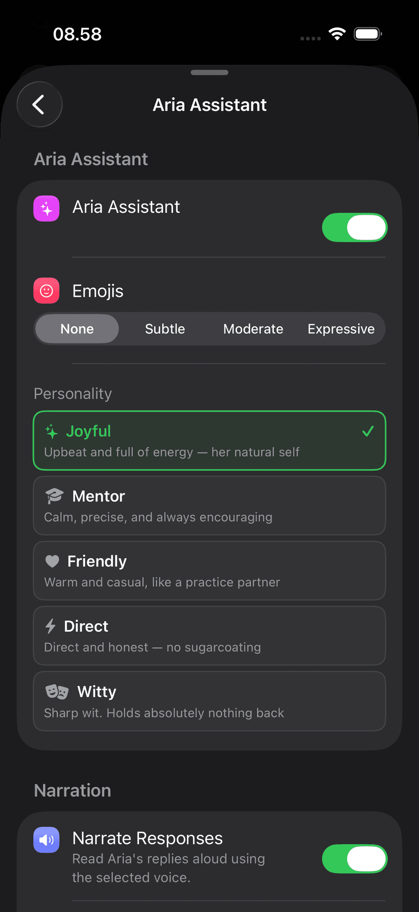 Aria settings