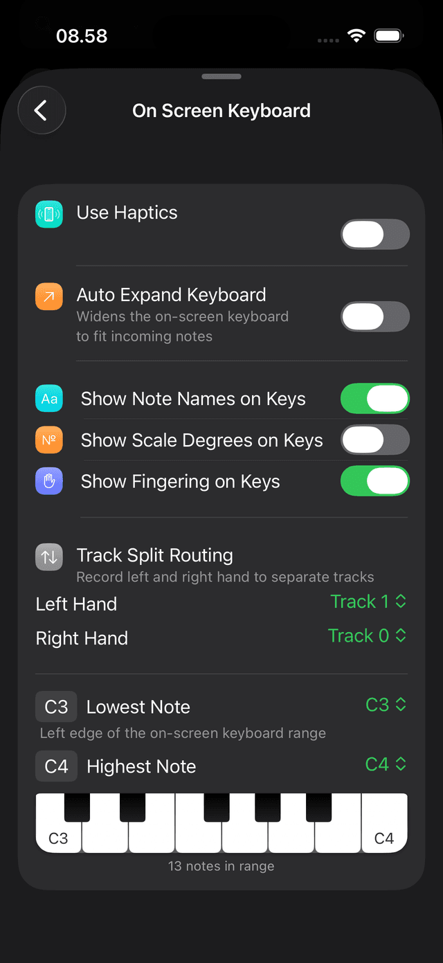 Keyboard Controls settings showing MIDI controls labelled by name.