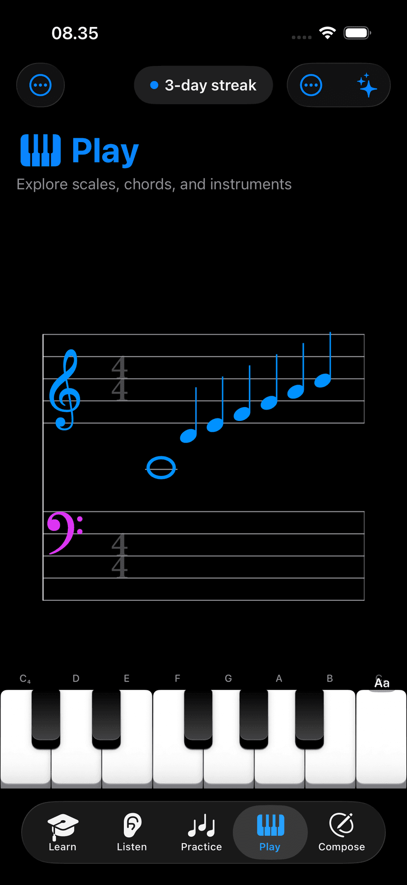 Staff notation and note labels in Play mode