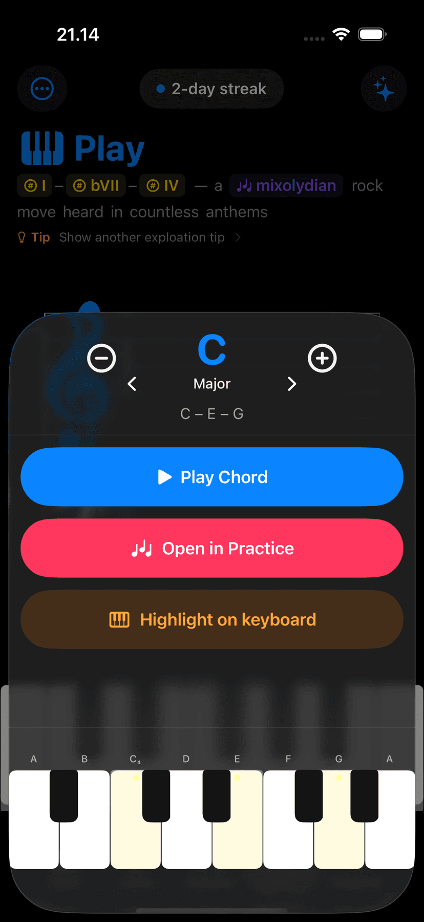 Quick chords panel in Play mode