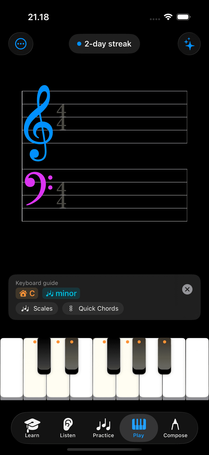 Keys lit for natural minor scale