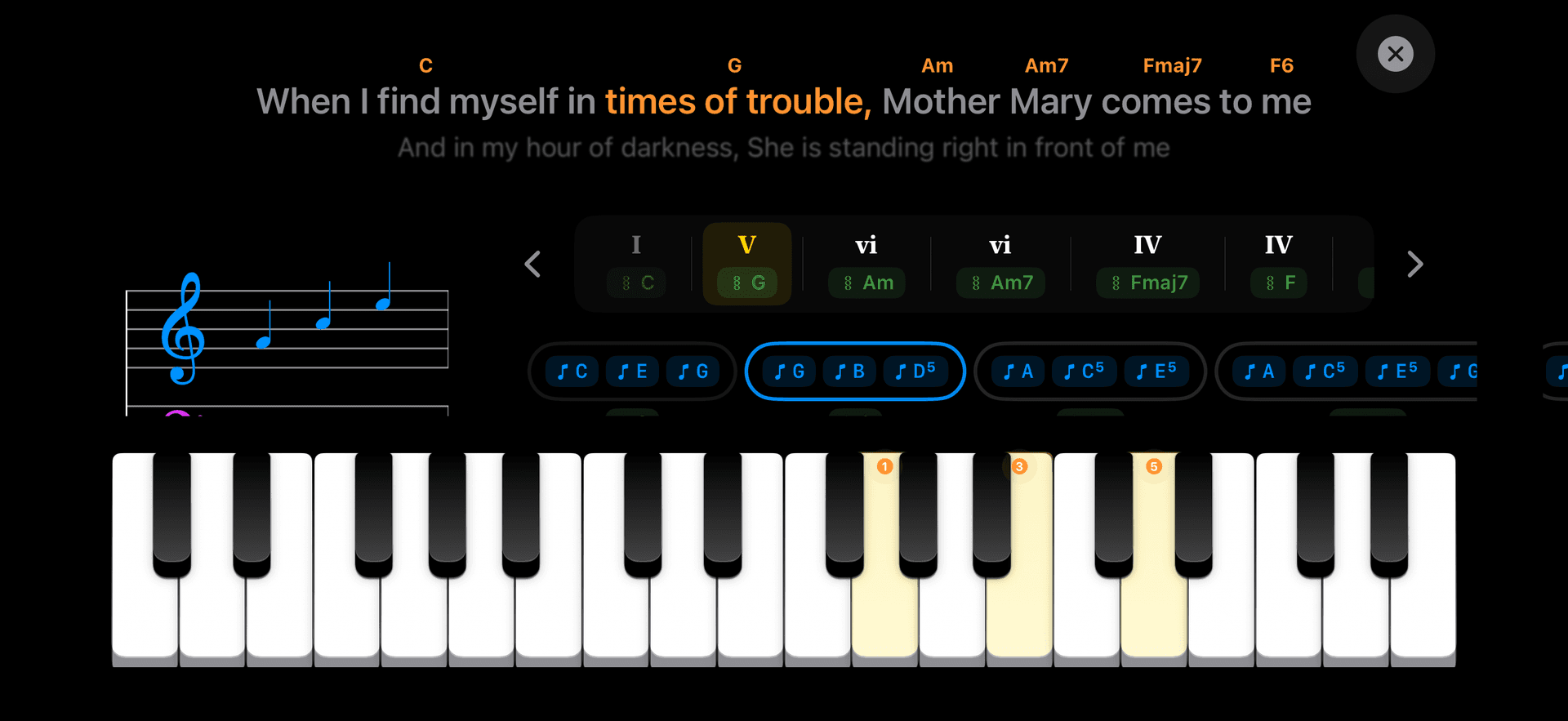 Landscape iPhone/iPad reference view — chord chart with Verse/Chorus/Bridge section headers. One chord highlighted in yellow as the current chord. Roman numeral labels visible. Section jump bar at top.